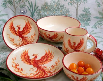 Juego de vajilla Fire Phoenix, juego de plato, tazón y taza de cerámica pintados a mano, decoración de cocina con el mítico Fénix, regalo de inauguración de casa, juego de vajilla único