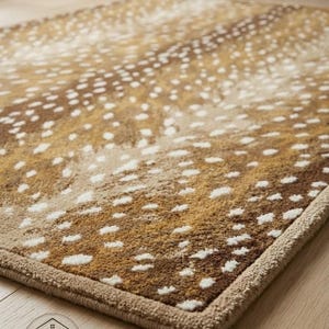 May include: A rectangular area rug featuring a brown and tan gradient pattern with scattered white spots. The rug has a thick, textured pile and a solid beige border edge. A circular logo with the letters IRW is visible in the bottom corner.