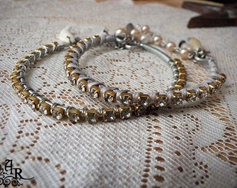 Pair of Vintage Rustic Rhinestone Wrapped Bangles with Antique Beads, Crystals, Vintage Faux Pearls, Hand Dyed Silk and More