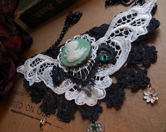 Textile Assemblage Collar with Vintage Lace, Embroidery, Cameo & More