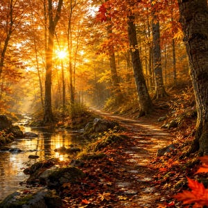 Può includere: Una scena boschiva in autunno con un ruscello che scorre accanto a un sentiero sterrato. Gli alberi sono pieni di foglie dai colori arancione, rosso e giallo, mentre il sole splende tra i rami, creando una luce calda e dorata.