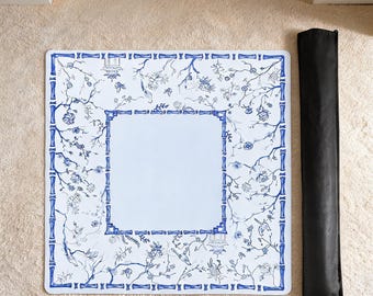 Blue Floral Mahjong Mat 80x80cm Non Slip Rubber Game Mat