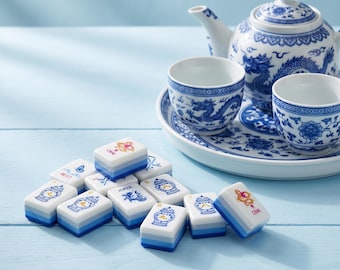 Blue American Mahjong Tiles Set, Porcelain Inspired Mahjong Game, 160 Acrylic Mahjong Tiles