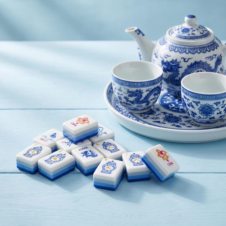 May include: A set of white and blue mahjong tiles featuring various illustrations including ginger jars, dragons, and text like 'JOKER' and 'CRAK', alongside a white porcelain teapot and two matching teacups with blue dragon patterns.
