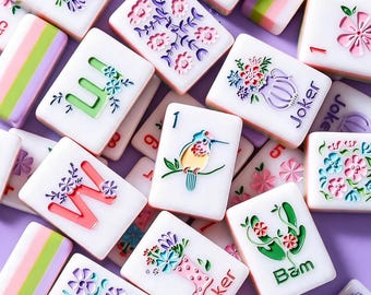 160 Engraved Acrylic Mahjong Tiles Set, Floral American Mahjong Set, Pastel Mahjong Game Tiles, Gift for Players