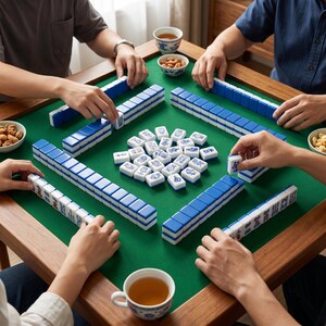 May include: A square wooden table with a green felt surface featuring a Mahjong game in progress. Four players are seated around the table, with rows of blue and white tiles arranged in front of them and a cluster of tiles in the centre. Small bowls of snacks and tea cups are placed on the table.