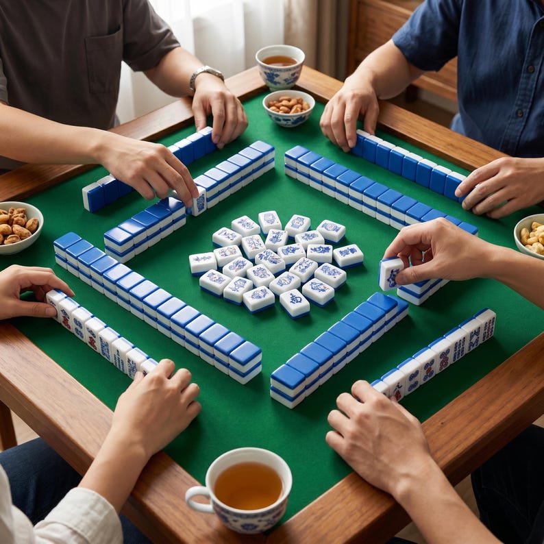 May include: A square wooden table with a green felt surface featuring a Mahjong game in progress. Four players are seated around the table, with rows of blue and white tiles arranged in front of them and a cluster of tiles in the centre. Small bowls of snacks and tea cups are placed on the table.