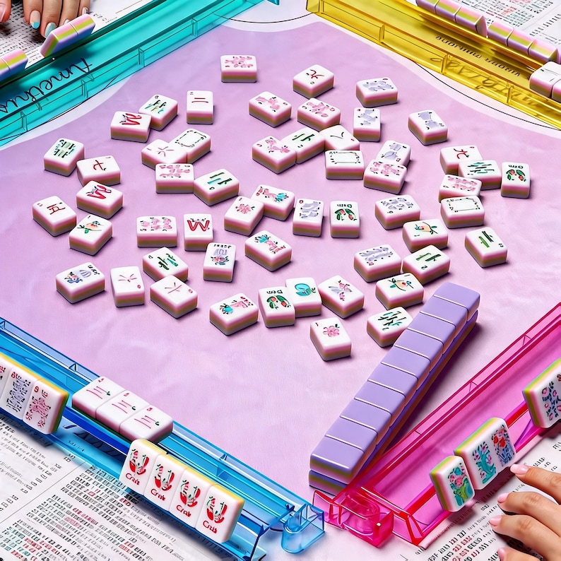 160 Engraved Acrylic Mahjong Tiles Set, Floral American Mahjong Set, Pastel Mahjong Game Tiles, Gift for Players image 2