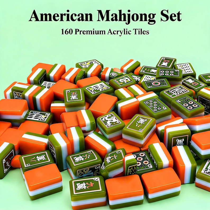 May include: An American Mahjong set featuring 160 premium acrylic tiles. The tiles are rectangular with a three-layer design consisting of orange, white, and olive green sections. Some tiles display engraved Chinese characters and symbols in white.