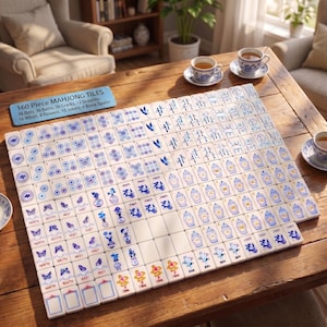 Blue American Mahjong Tiles Set, Porcelain Inspired Mahjong Game, 160 Acrylic Mahjong Tiles image 4