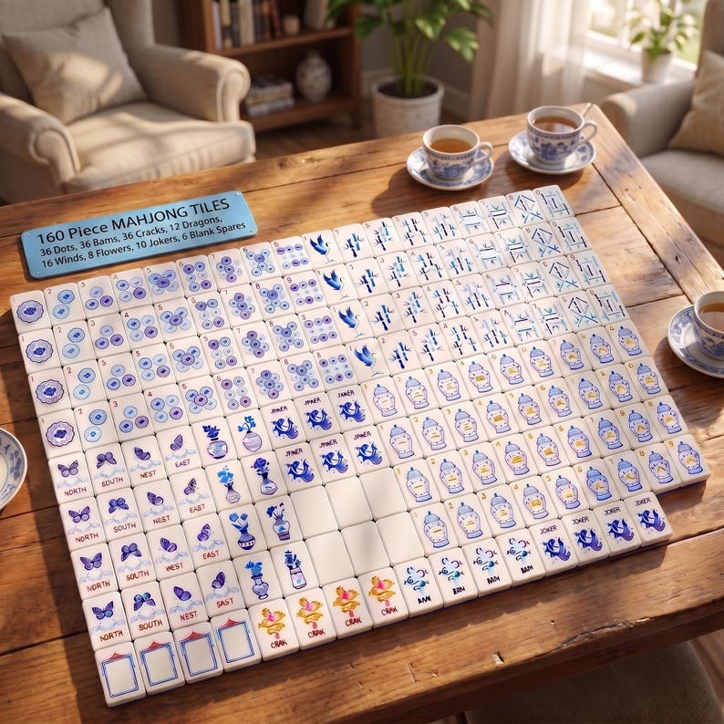 Blue American Mahjong Tiles Set, Porcelain Inspired Mahjong Game, 160 Acrylic Mahjong Tiles image 4
