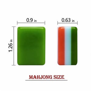 May include: Two rectangular mahjong tiles with dimensions labeled. One tile is solid green, and the other features vertical stripes of orange, white, and green. The dimensions are 1.26 inches by 0.9 inches for the front view and 0.63 inches for the side.