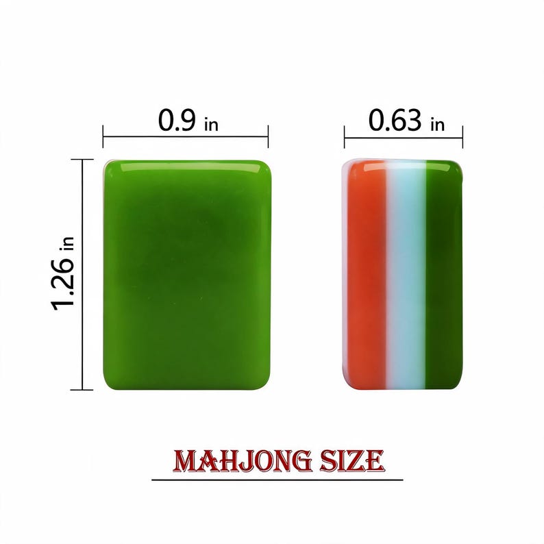 May include: Two rectangular mahjong tiles with dimensions labeled. One tile is solid green, and the other features vertical stripes of orange, white, and green. The dimensions are 1.26 inches by 0.9 inches for the front view and 0.63 inches for the side.