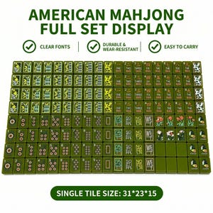 May include: A full set of olive green American Mahjong tiles arranged in a grid. The tiles feature engraved numbers, Chinese characters, directional symbols, floral patterns, and joker icons. Text includes AMERICAN MAHJONG FULL SET DISPLAY and 31*23*15.