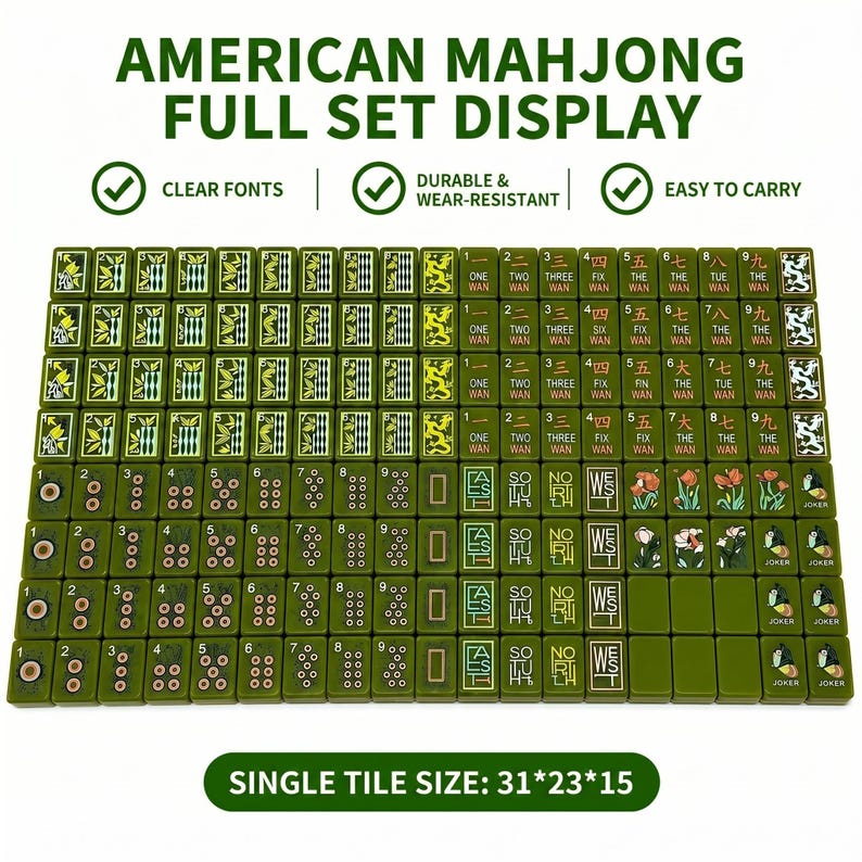 May include: A full set of olive green American Mahjong tiles arranged in a grid. The tiles feature engraved numbers, Chinese characters, directional symbols, floral patterns, and joker icons. Text includes AMERICAN MAHJONG FULL SET DISPLAY and 31*23*15.