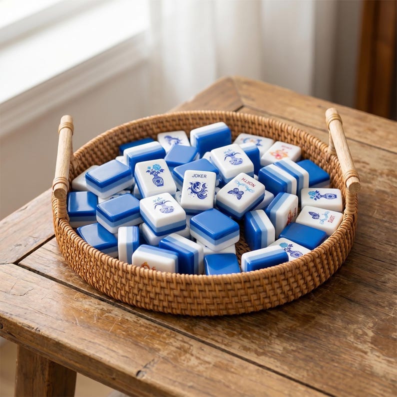 May include: A round woven rattan tray with two wooden handles containing a collection of rectangular mahjong tiles. The tiles are white with blue accents and feature various blue ink illustrations, including vases, butterflies, and the text JOKER.
