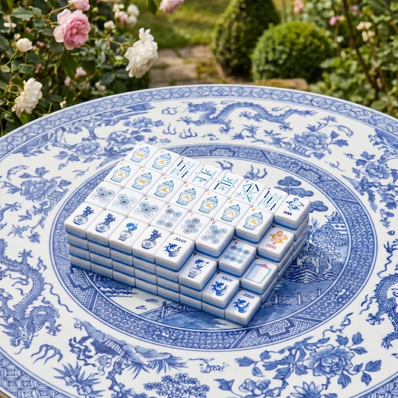 May include: A stack of white mahjong tiles with blue ink illustrations of vases, flowers, and Chinese characters, arranged in a rectangular block on a round table featuring a blue and white dragon and floral pattern design.