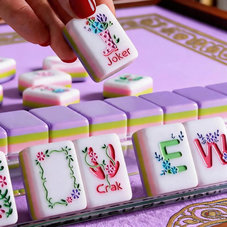 May include: A white rectangular mahjong tile featuring a pink boot graphic filled with blue and purple flowers and the word Joker in red text. The tile has a layered side design in purple, green, and pink, matching other tiles on a purple surface.