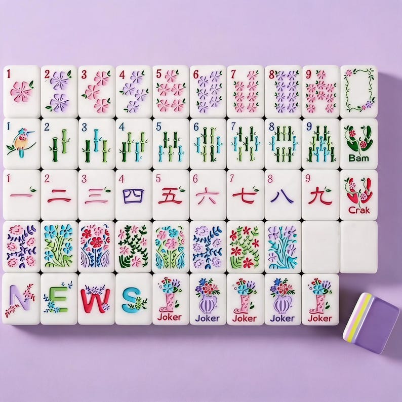 May include: A set of white mahjong tiles featuring colorful floral, bamboo, and character designs. The tiles display numbers one through nine, Chinese characters, directional letters spelling NEWS, and Joker tiles with floral boot illustrations.