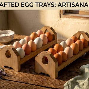May include: Two light brown wooden egg trays with a house-shaped side profile, each holding a row of assorted white and brown eggs. The text "HAND-CRAFTED EGG TRAYS: ARTISANAL DISPLAY" is printed in black at the top of the image.