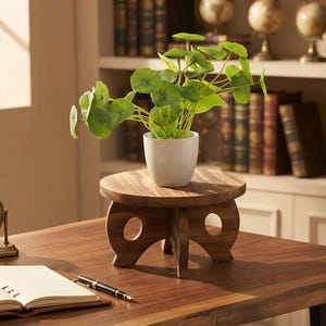 May include: A small white ceramic pot containing a green leafy plant, resting on a round wooden pedestal stand with four arched legs featuring circular cutouts. The stand has a visible wood grain pattern and is positioned on a flat surface.