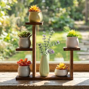 May include: A tiered wooden plant stand holding five small round pots with various artificial succulents and a central light green ribbed vase containing a sprig of purple flowers, positioned next to a blue ceramic mug on a wooden surface.
