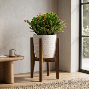 May include: A Schlumbergera cactus with green leaves and pink buds sits in a white ceramic planter with a gray geometric triangle pattern. The planter is held by a dark brown wooden stand with four legs, positioned on a light wood floor.