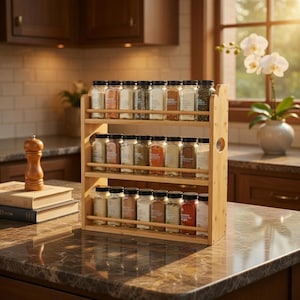 May include: A three-tiered bamboo spice rack holding eighteen clear glass jars with black lids. Each jar contains various colorful spices and herbs. The rack features a light wood finish and circular cutouts on the side panels for easy handling.