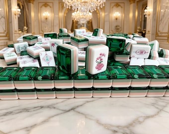 Juego de mahjong americano de lujo, grabado a medida, color verde esmeralda / 160 fichas de mahjong acrílicas de 4 capas