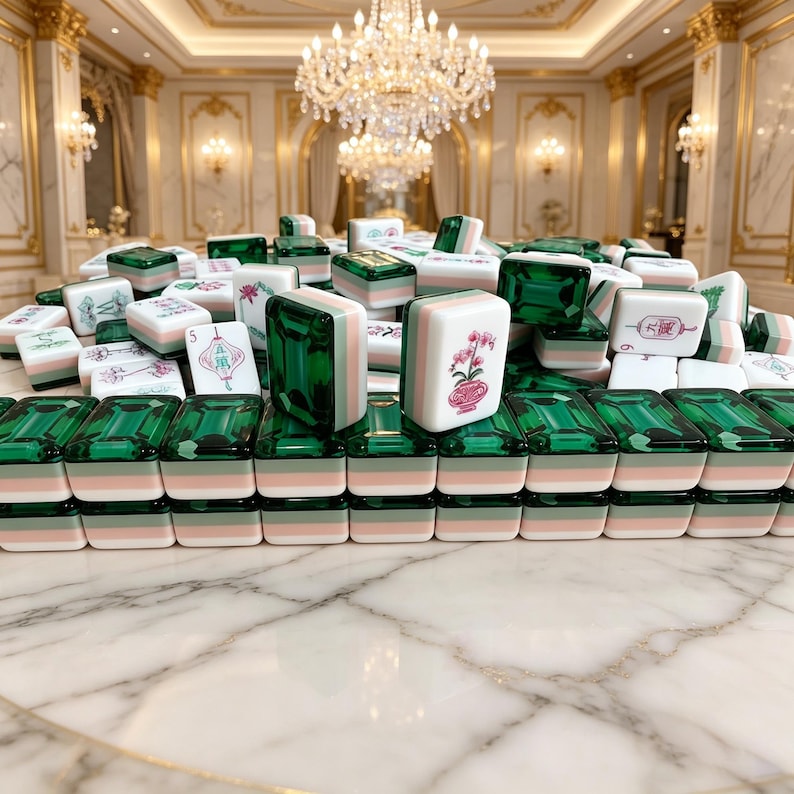 May include: A set of mahjong tiles featuring a mix of translucent emerald green pieces and white tiles with pink and green floral or lantern illustrations. The tiles are arranged in a stacked formation, showcasing their layered green, pink, and white base.