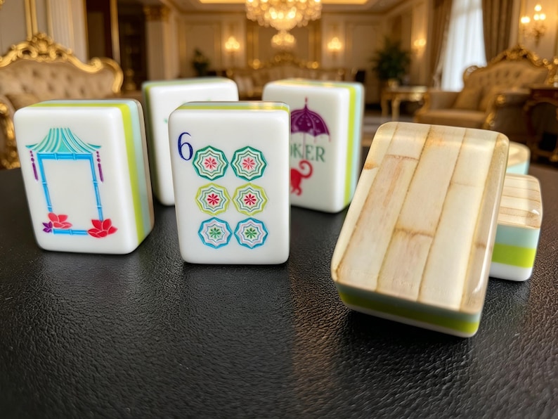 Juego de mahjong americano de lujo con diseño de bambú, fichas acrílicas personalizadas de 4 capas, 160 fichas, verde y blanco. imagen 5