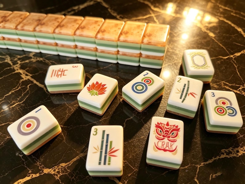 May include: A set of rectangular mahjong tiles featuring white faces with colorful illustrations including a red lotus, a green bamboo stalk, a red lion mask with the text CRAK, and various circular patterns, stacked with green and white layered sides.
