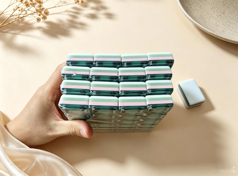 May include: A stack of rectangular mahjong tiles featuring a layered design with a dark green base, a thin pink middle stripe, and a light green top section. The tiles are arranged in a grid pattern, and one single matching tile sits separately nearby.