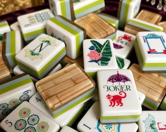 Luxury Bamboo Pattern American Mahjong Set, Custom 4-Layer Acrylic Tiles, 160 Tiles, Green & White