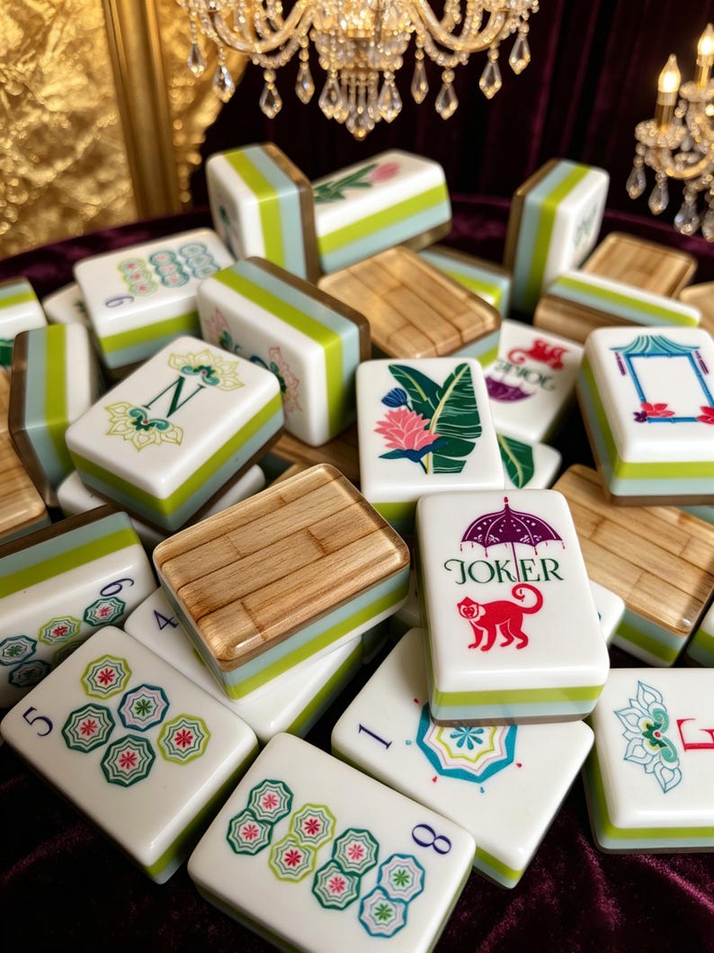 Puede incluir: Una colecci&oacute;n de fichas de mahjong con caras blancas e ilustraciones coloridas, incluyendo patrones florales, la letra N, el n&uacute;mero 8 y una ficha de Joker con un paraguas morado y un mono rojo. Las fichas tienen lados verdes y blancos y dorso de bamb&uacute;.