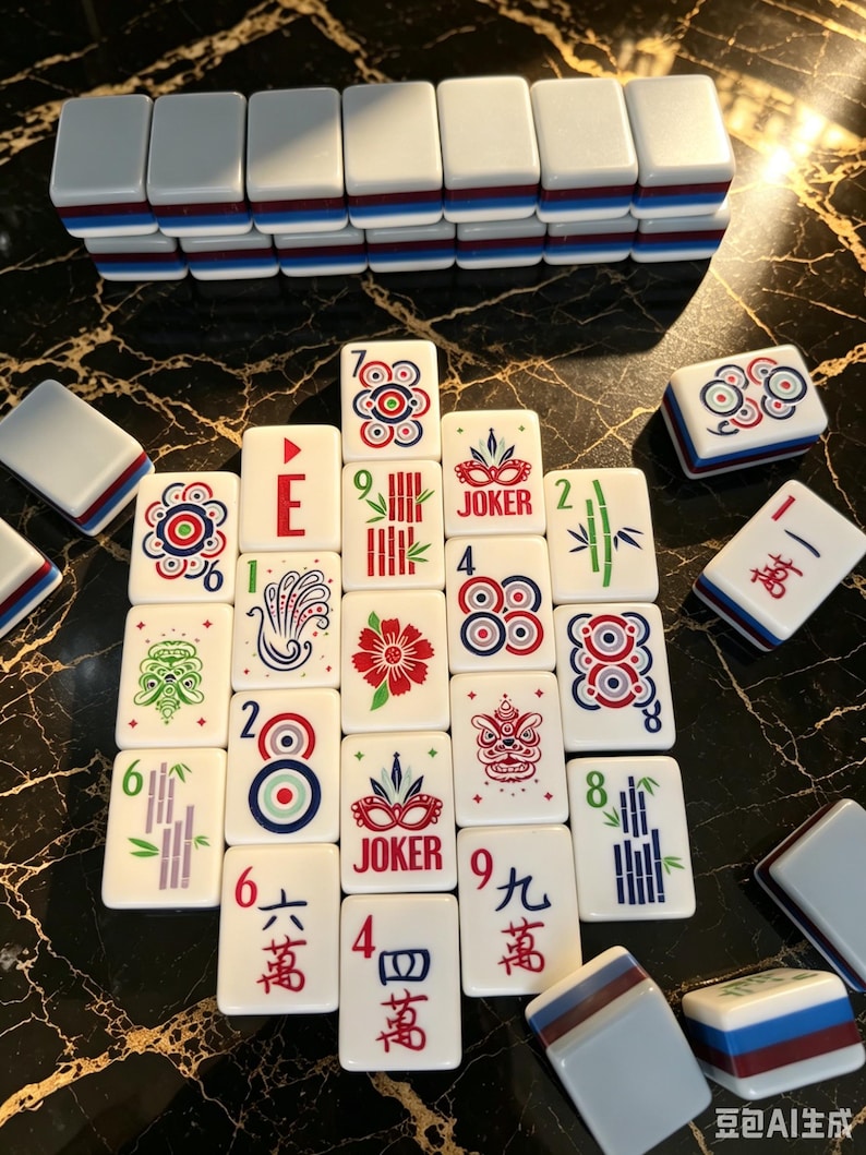 May include: A set of white Mahjong tiles featuring colorful graphic designs including floral patterns, bamboo stalks, masks, and Chinese characters. Some tiles are arranged in a grid, while others are stacked or placed individually.