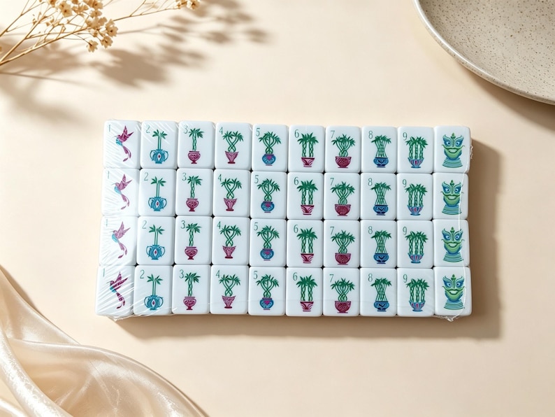 May include: A set of white rectangular mahjong tiles arranged in a grid, wrapped in clear plastic. Each tile features a colorful illustration of a plant in a pot, a bird, or a dragon, with numbers one through nine printed in the top left corner.