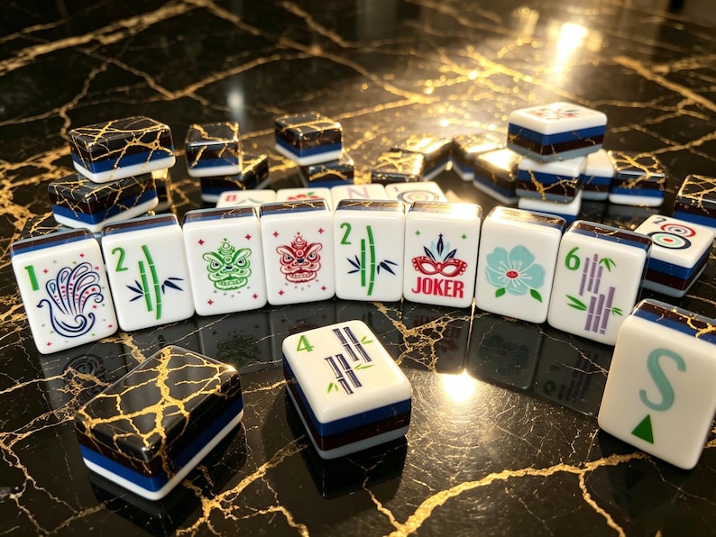May include: A collection of Mahjong tiles featuring white faces with colorful illustrations of bamboo, flowers, dragons, and the word JOKER. The tiles have a dark blue base with gold veining patterns on the sides, arranged in a scattered display.