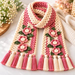 May include: A crochet scarf featuring alternating vertical stripes of cream and dusty rose yarn. The scarf is decorated with three-dimensional pink flowers with cream centers and green leaves. The ends are finished with alternating tassels.