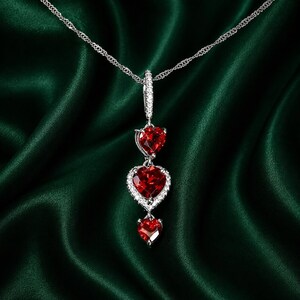 May include: A silver-toned necklace featuring a vertical pendant with three heart-shaped red gemstones. The central heart is surrounded by a halo of small clear stones, while the top bail is also encrusted with clear stones on a delicate chain.