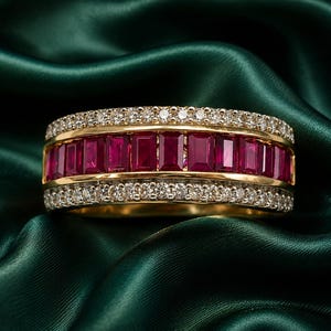 Peut inclure: Une bague en or composée d'une rangée centrale de rubis rouge foncé taille baguette, encadrée par deux rangées extérieures de petits diamants blancs taille brillant. Le métal présente une finition en or jaune poli et large.