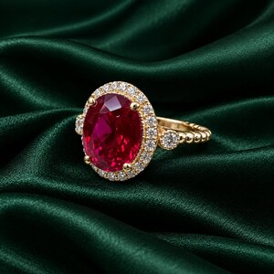 Anillo ovalado con halo de rubí rojo simulado, chapado en oro amarillo de 14k, anillo de cóctel, anillo de compromiso de plata esterlina de estilo vintage.