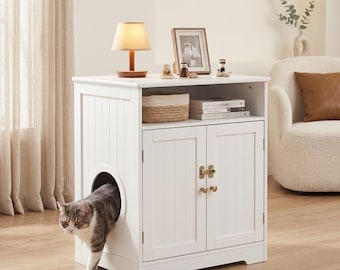 Wooden Cat Litter Box Enclosure – Hidden Litter Furniture, Modern Pet House Cabinet, White Cat Washroom Cover