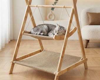 Hängematte aus Holz für Katzen – Doppellagige, dreieckige Katzenliege, waschbares Hängebett für Wohnungskatzen, 6 Farben
