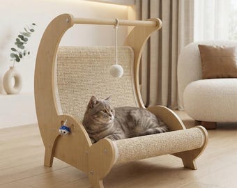 Curved Cat Scratcher Lounge – Sisal Cat Scratching Bed with Hanging Ball Toy, Wooden Cat Sofa Recliner, Modern Pet Furniture