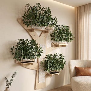 May include: A wall-mounted light wood structure shaped like a tree with four horizontal shelves. Each shelf holds a dense green artificial plant with small leaves. The central trunk section features a textured white panel for climbing or scratching.