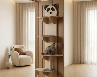 Door Hanging Panda Cat Tree – 4-Level Wooden Cat Tower with Panda Head, No-Drill Door Mount Cat Furniture for Indoor Cats