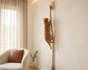 Cuerda de sisal para gatos montada en la pared – Cuerda rascadora con soporte de madera, rascador natural para gatos de interior.