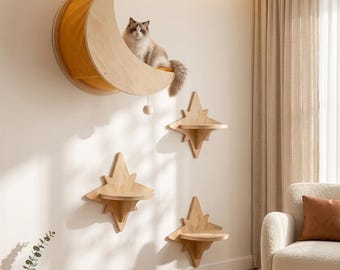 Moon & Star Cat Wall Shelf Set – Wooden Celestial Cat Perch Moon Cat House, Wall Mounted Cat Furniture for Indoor Cats
