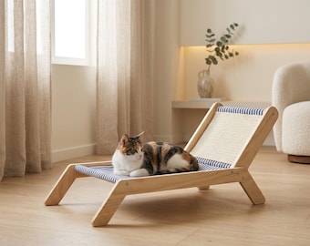 Kattloungebädd – Klösträd i träsisal och randig hängmatta, 2-i-1 kattbädd och klösplatta för innekatter